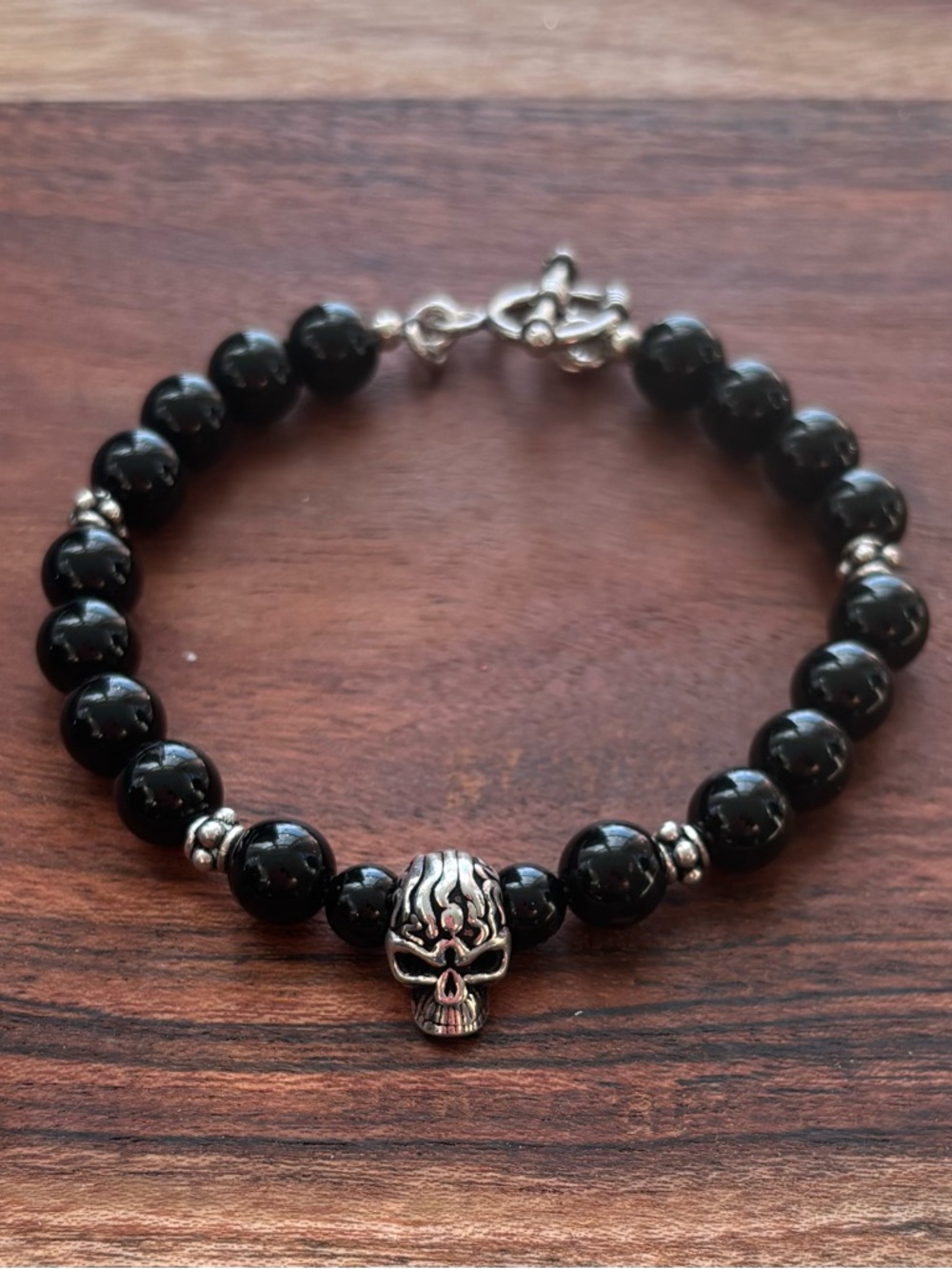 Black Oynx Beaded Bracelet with Sterling Skull Accent